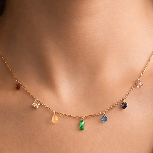 8K gold plated stainless steel necklace with multi-colored crystals by Kogi Jewelry.