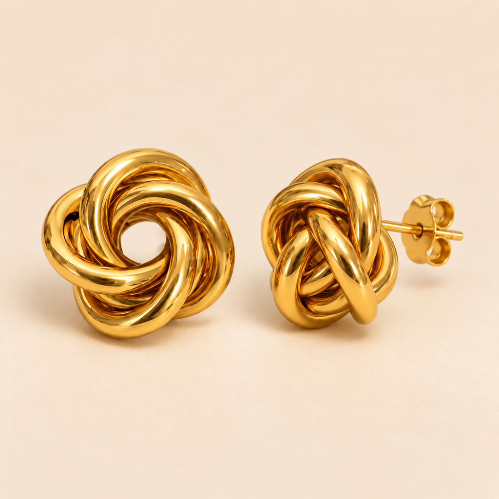 Gold knot stud earrings showing post and butterfly back closure