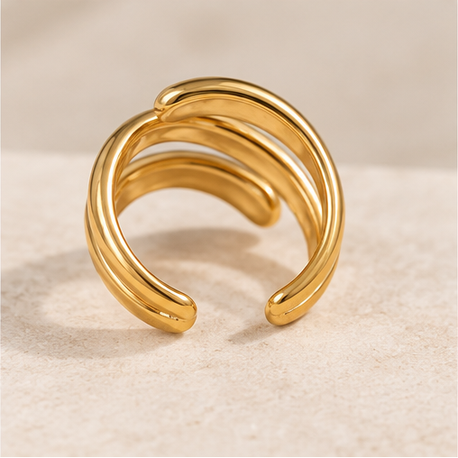Adjustable open triple band gold ring showing flexible wrap design