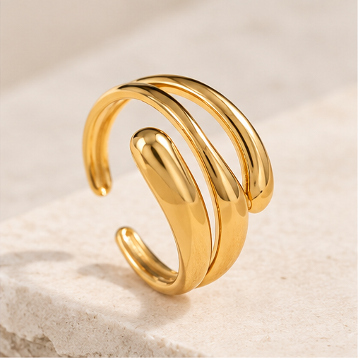 18K gold plated triple band adjustable ring with sculptural open design