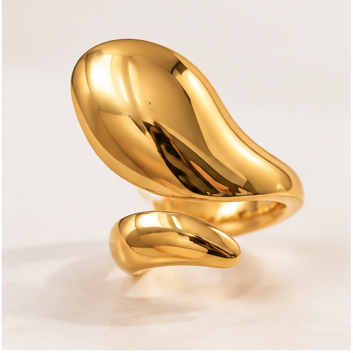 Adjustable gold statement ring with sculptural teardrop design and open band