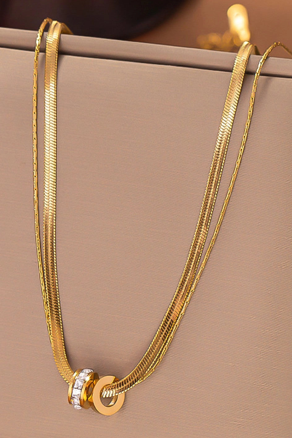 18K gold plated stainless steel layered necklace set featuring herringbone and link chains by Kogi Jewelry.